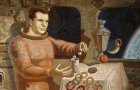 Yuri Gagarin was the breakfast. Detail of the painting \"Breakfast Gagarin.\" Levitating space still life.